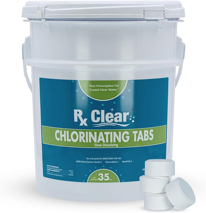 Rx Clear 1" Inch Chlorine Tabs | 35 Pounds | Use Tablets as Bactericide, Algaecide, & Disinfectant in Swimming Pools | Stabilized, Long Lasting, Slow Dissolving, & UV Protected