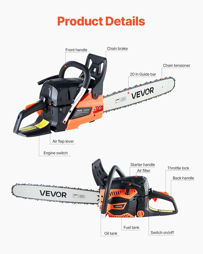 VEVOR Gas Chainsaw 58CC 2-Cycle Gasoline Powered Chainsaw 20 Inch Handheld Cordless Petrol Chain Saws For Forest, Wood, Garden and Farm Cutting Use