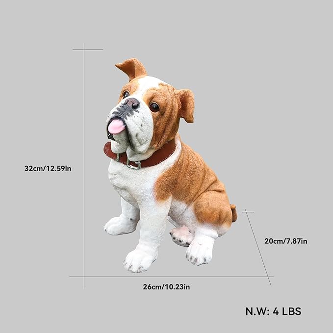 English Bulldog Statue Outdoor Decorations – Outdoor Dog Statue Fawn English Bulldog with Replaceable Solar Light & Welcome Sign for Porch Décor