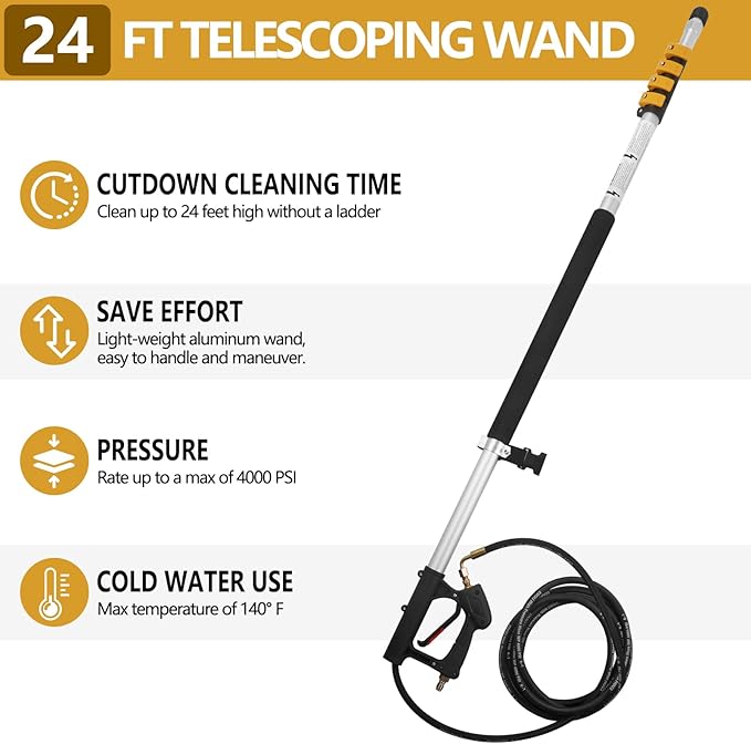 Tecoloy 24 FT Telescoping Pressure Washer Wand with Power Washer Extension Wand, Support Belt, Gutter Cleaner Attachment, 5 Spray Nozzle Tips and 2 Hose Inlet Adapters