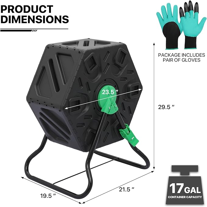 MoNiBloom 17 Gallon Single Compost Tumbler, BPA Free Outdoor Light Weight Compost Bin w/Sliding Door, All-Season Fast Working Rotating Chamber Composters for Garden Patio