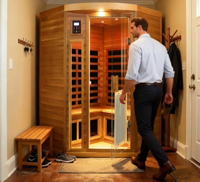 2-3 Person Infrared Sauna, Red Cedar Wood Low EMF Far Infrared Saunas for Home, 1760watt Indoor Personal Sauna Roombox with Door Heating Panels, Outdoor Lamps, Blue-Tooth, Dual Control