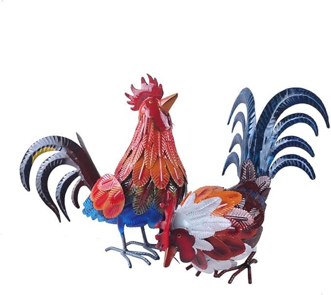 Rooster Statue Metal Chicken Sculpture Garden Decoration Metal Yard Art for Patio Lawn Backyard Outdoor Decoration,A Set of 2