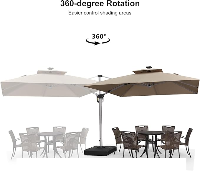 PURPLE LEAF 10 Feet Solar Powered LED Square Cantilever Umbrella With Base Patio Umbrellas Windproof Hanging Umbrella Outdoor Umbrellas Offset Umbrellas, Beige