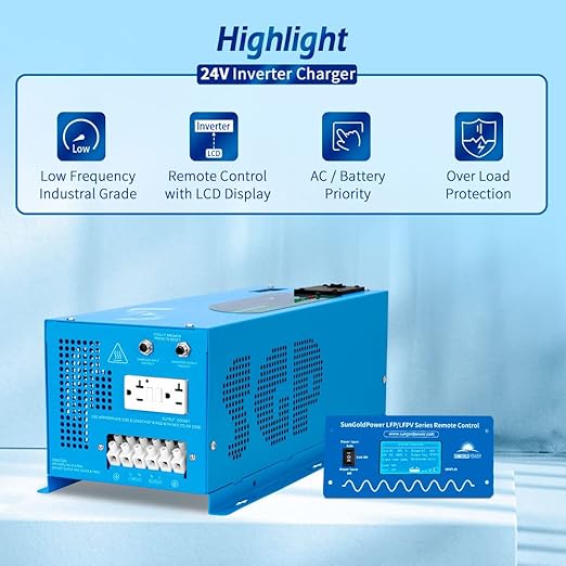 SUNGOLDPOWER 3000W DC 24V Peak 9000W Inverter Charger Pure Sine Wave, AC 120V with 40A Battery AC Charger LCD Display,Low Frequency Inverter, for Home RV Camper