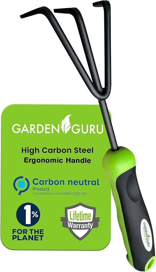 Garden Guru Hand Cultivator Rake Tiller Tool – High Carbon Steel for Ultimate Strength - Rust Resistant – Ergonomic Handle – Great for Gardening Cultivating Loosening Weeding