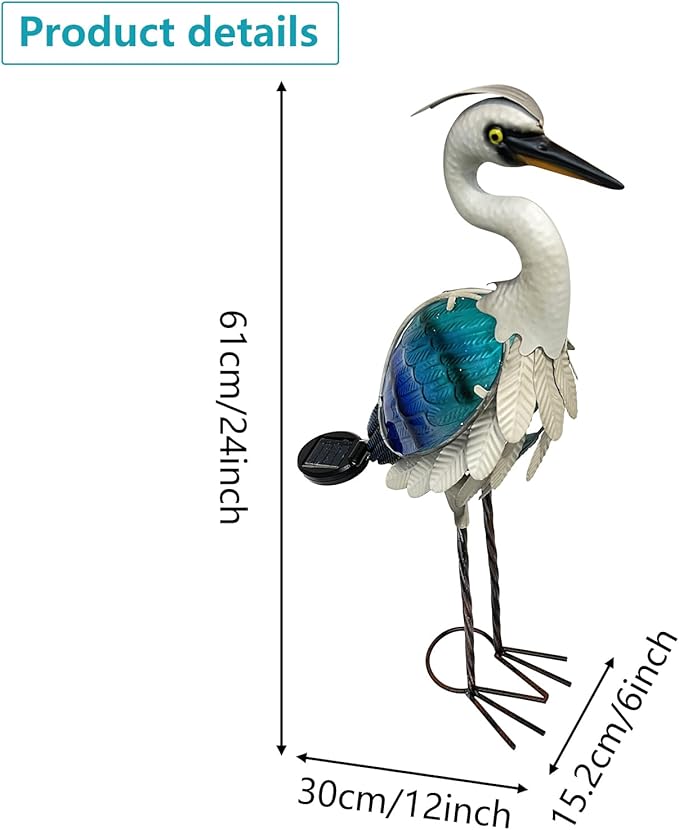 HONGLAND Solar Metal Crane Statue Garden Heron Sculpture, Glass Outdoor Heron Yard Art Coastal Ocean Bird Decor Lawn Ornament for Backyard Porch Patio Decor（24 Inch）