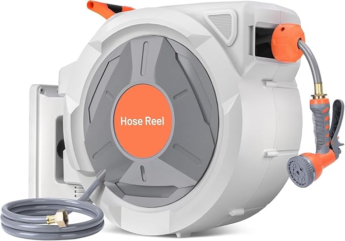 Retractable Garden Hose Reel, EliteEdge 1/2 In x 130 Ft With 9 Function Sprayer Nozzle, Any Length Lock, Automatic Rewind and Slow Return System, Wall Mounted and 180 Deg Swivel Bracket