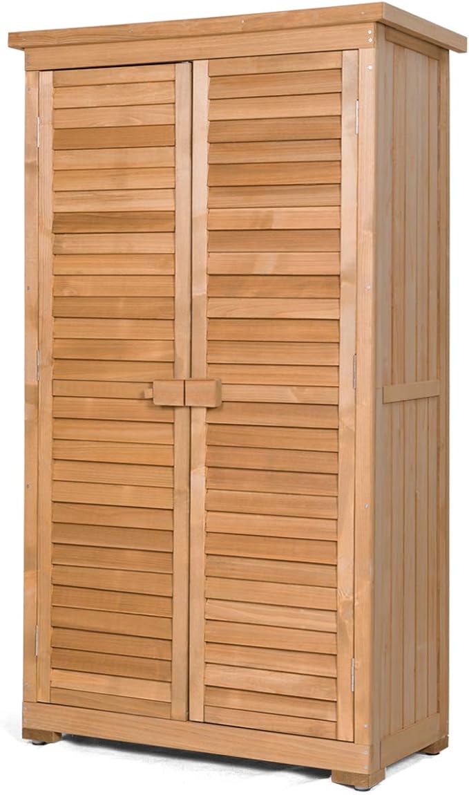 S AFSTAR Outdoor Storage Shed, Wooden Tool Storage Shed w/Detachable Shelves & Pitch Roof & Shutter Vents, Garden Storage Cabinet for Backyard Patio Deck Porch, 34.5”L x 18.5”W x 63”H, Natural