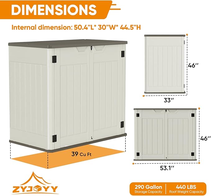 4.4 x 3.8 FT Outdoor Storage Shed, 47 Cuft Outside Waterproof Storage Cabinet, HDPE Resin Plastic 290 Gallon Outdoor Storage Container, Horizontal Lockable Storage Shed, Vanilla