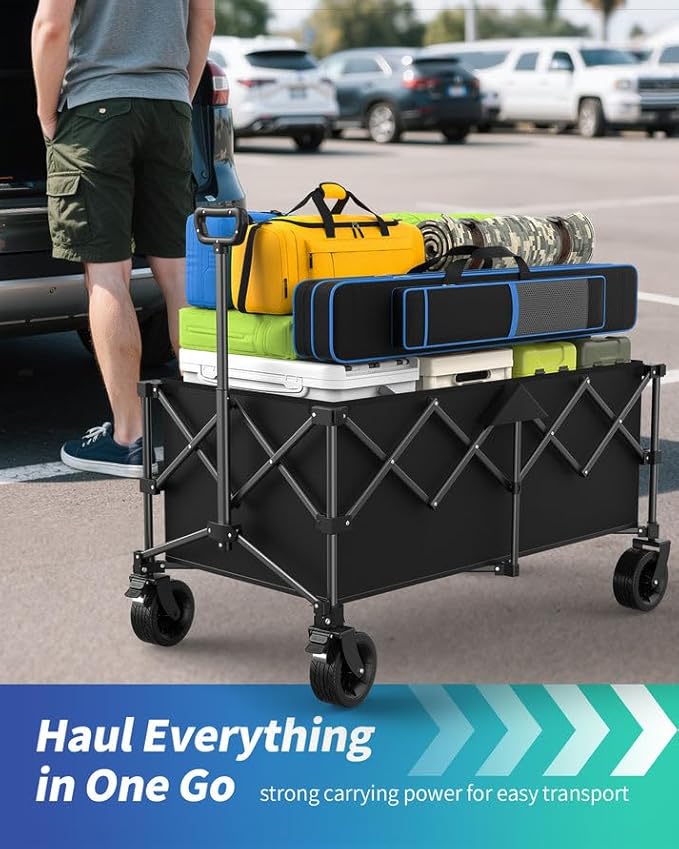 45.5" L Kitsure Collapsible Wagon - Heavy Duty Foldable Wagon with 440lbs Capacity, Adjustable Handle, Shopping Cart with Wheels for Camping, Groceries, Black, 45.5" x 24.0" x 38.0"