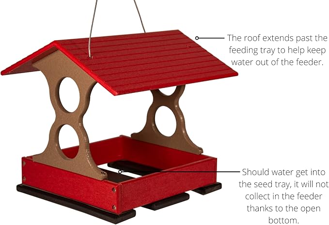 JCS Wildlife Medium Poly Fly-Thru Bird Feeder w/Removable Seed Tray - Holds 4 Cups of Bird Seed to Attract Cardinals, Chickadees, and More Backyard Birds (Red and Tan)