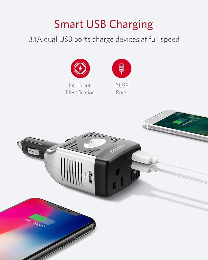 BESTEK 150W Power Inverter 12V to 110V Voltage Converter Car Charger Power Adapter with 2 USB Charging Ports (3.1A Shared) (150W)
