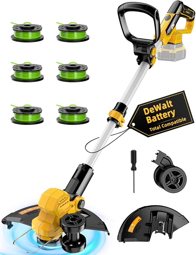 Cordless Weed Wacker, for Dewalt 20V Battery, 3 in 1 Battery Powered Weed Eater & Edger & Mower with Auto Line Feed, 20000 RPM 12 Inch Brushless Grass Trimmer, 6 Line Spools String Trimmer for Lawn