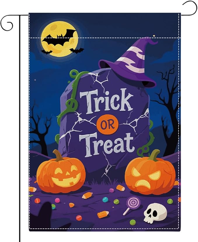Halloween Garden Flag Trick or Treat Bat Pumpkins Fall Halloween Themed Holiday Party Outside Outdoor Lawn Decorations Yard Flag Double Sided 12x18 Inch