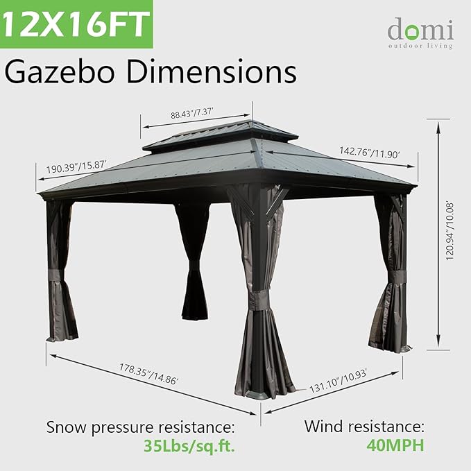 Domi 12’x16’ Outdoor Gazebo Hardtop with Gutters, Patio Gazebo Canopy with Resin & Metal Roof, Heavy Duty Permanent Pavilion for Backyard, Garden, Deck, Hot Tub, Curtains and Mosquito Netting Included
