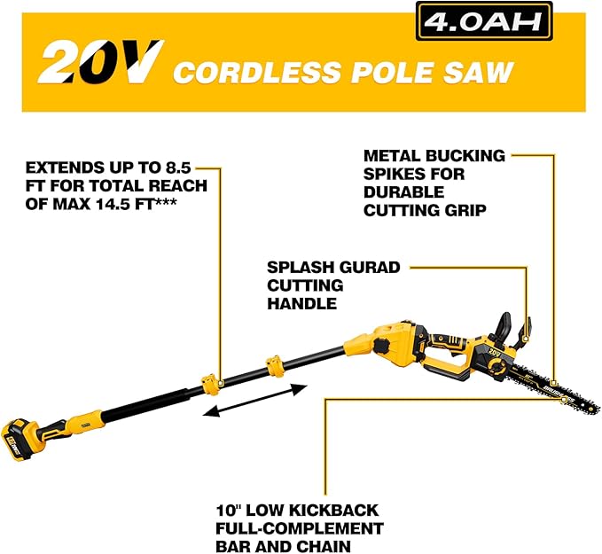 2-in-1 Electric 10-Inch Pole Saw and Chainsaw, Battery Powered Chainsaw Pole Chain Saw, Brushless Motor, 14.5 FT Max Reach Extension Pole for Outdoors Pruning with 1×4.0ah Battery (Battery Included)