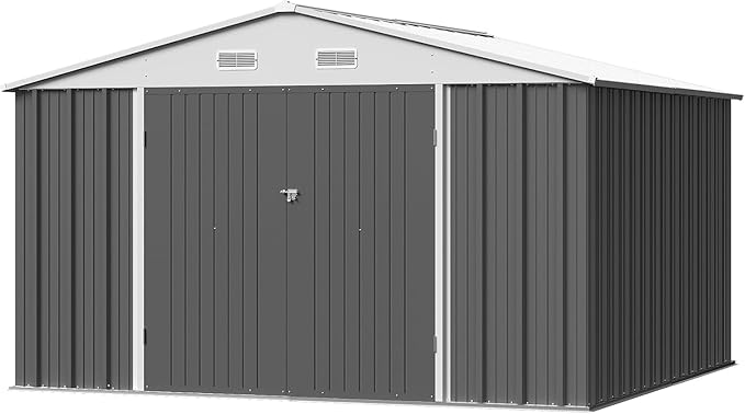 Furniwell Outdoor Storage Shed, Metal Garden Sheds Outdoor Storage House with Single Lockable Door for Backyard Patio Lawn (Gray, 10 x 10 FT)