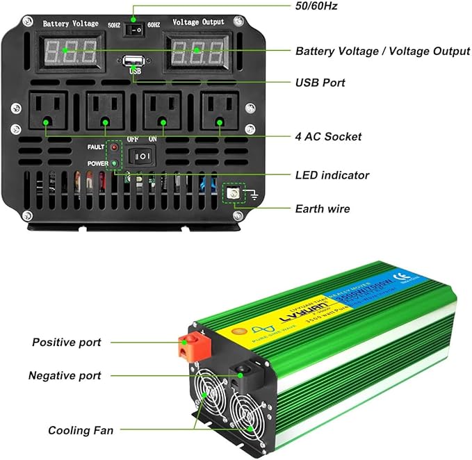 LVYUAN 3500W Pure Sine Wave Inverter DC 12V to AC 110V/120V Car Inverter with 4 AC Outlets USB Port for Camping/Truck/RV/Solar System/Travel Camping