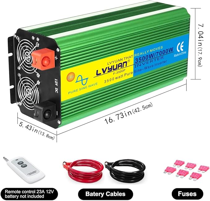 LVYUAN 3500W Pure Sine Wave Inverter DC 12V to AC 110V/120V Car Inverter with 4 AC Outlets USB Port for Camping/Truck/RV/Solar System/Travel Camping