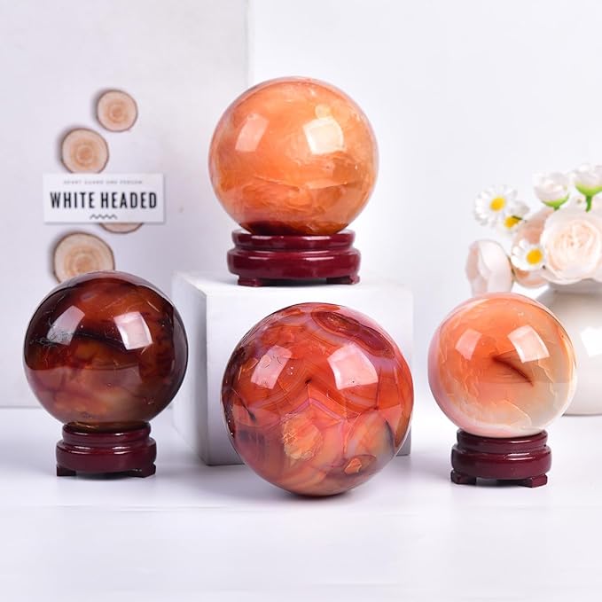JIC Gem 2.7-3.1 inch(70-80mm) Large Madagascar Red Agate Crystal Ball Round Healing Crystals Decorative Sphere with Wooden Stand Meditation Witchcraft Home Decor