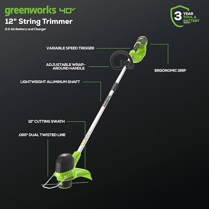 Greenworks 40V Lawn Care Combo Kit, Trimmer & Blower for Edging & Leaf Cleanup, 2.0Ah Battery & Charger (Gas-Free Yard Duo)