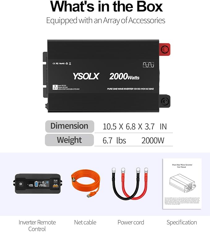 YSOLX 2000W Pure Sine Wave Power Inverter 12V to 110V/120V AC Converter for Home, RV, Truck, AC Hardwire Port, Remote Controller，Off-Grid Applications