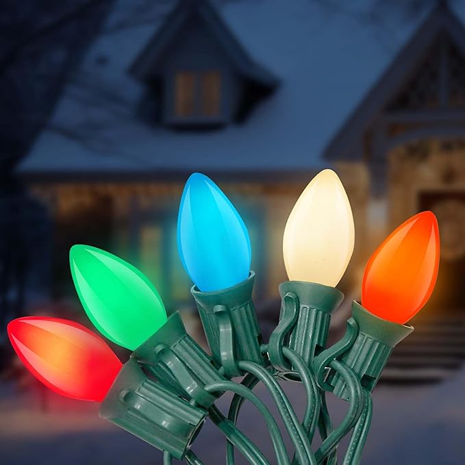 C7 Christmas Lights Outdoor, 25Ft Vintage Christmas String Lights with 27 Multicolor Ceramic Bulbs, Hanging Christmas Decorations Lights for Roofline House Garden Patio Backyard Party-Green
