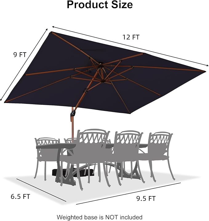 PURPLE LEAF 9' X 12' Double Top Deluxe Wood Pattern Rectangle Patio Umbrella Offset Hanging Umbrella Outdoor Market Umbrella Garden Umbrella, Navy Blue
