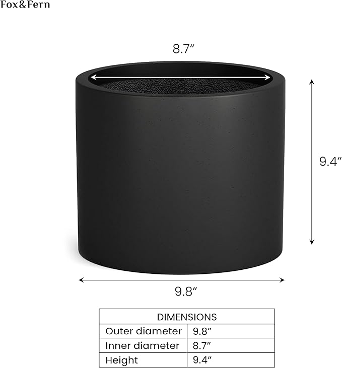 Fox & Fern 10 Inch Black Plant Pot with Drainage Plug — Premium Lightweight Fiberstone Matte Black Planter; 10 Inch Pots for Plants; for Indoor & Outdoor Use; Weather Resistant & UV Resistant