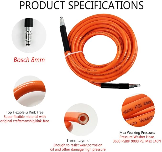 5800PSI/400Bar Ultra Flexible Pressure Washer Hose for Bosch Home Cleaning, 5M-30M High Pressure Extension Tube with Quick-Connect Adapter,(Red/Blue/Yellow/Green/Grey/Orange/Light Blue)(Orange,95FT)