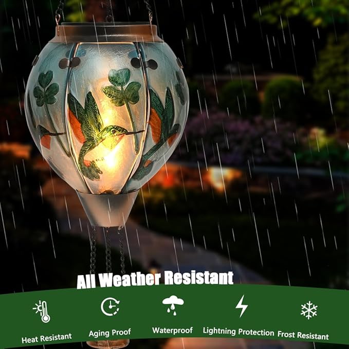 Hot Air Balloon Solar Lantern - Hummingbird Glass Lantern, Simulated Flickering & Dancing Flame, Outdoor Hanging Shamrock Yard Light Waterproof IP65 for Patio Lawn Porch Decor Irish Gift