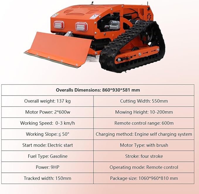 Gasoline Powered Remote Control Lawn Mowerwith Snow Plow, 9HP Crawler Mower with 600m Range for Steep Hills and Orchards (Orange/Snow Shovel)