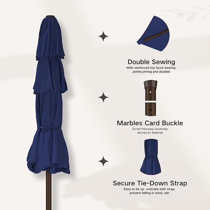 Kingdura 10ft 3-Tier Patio Umbrella with Solar Lights, Table Umbrella Outdoor Patio with Easy Crank & Tilt, 8 Sturdy Ribs, UV Protection, 32 LED Lights for Deck, Poolside, Market (Navy blue)