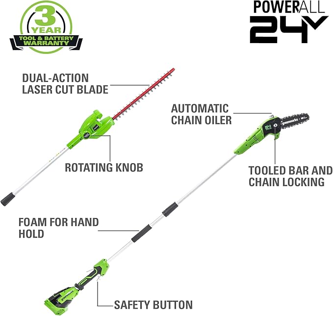 Greenworks 24V 8" Cordless Polesaw + 20" Pole Hedge Trimmer Combo (Great For Pruning and Trimming Branches / Shrubs), 2.0Ah Battery and Charger Included