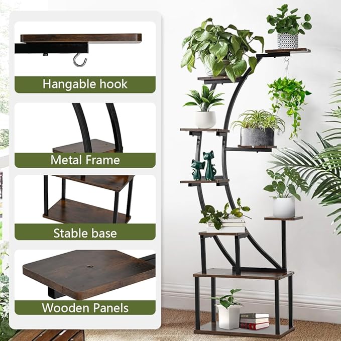 VINCIGANT Black Metal Plant Stand with Grow Light, 9 Tiered Shelf, 60" Corner Plant Holder for Living Room, Home, Patio, Balcony