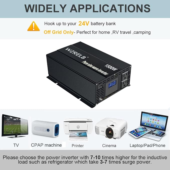 WZRELB 1500W Pure Sine Wave Inverter 24VDC to 120VAC Solar Power Converter Truck RV Home LCD Display