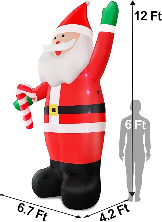 TURNMEON 12 Foot Super Giant Christmas Inflatable Santa Claus Christmas Decorations Outdoor, Blow Up Santa Holds Candy Cane with Built-in LED Lights Tethers Stakes for Yard Lawn Garden Xmas Decor Home