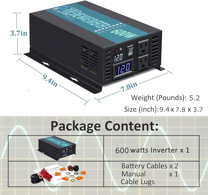 WZRELB Pure Sine Wave Inverter 600Watt 12V DC to 120V AC Power Converter 1200W Surge