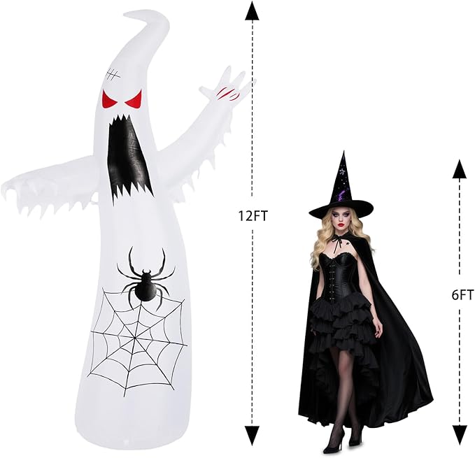 Halloween Inflatable Ghost Decoration, LED Color Changing Lights, Outdoor Yard Decor with Wings (12FT Giant Terror Spider Ghost)