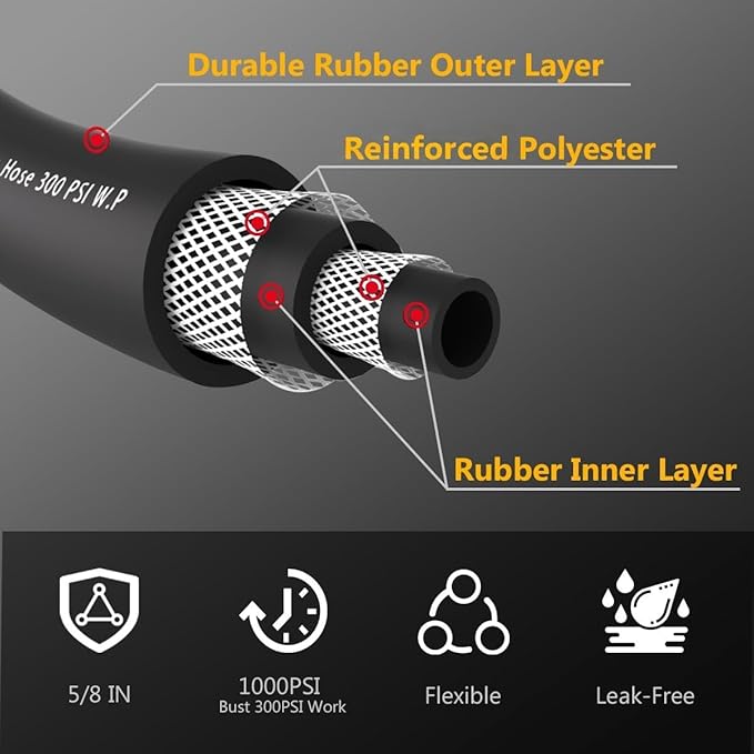Leader Garden Hose 15ft x 5/8", Heavy Duty Short Water Hose, Male to Female Fittings, Five Layered Braiding for Durability, 1000PSI Burst, 200PSI Working (Black)