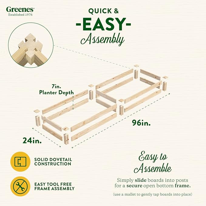 Greenes Fence Original Pine Raised Garden Bed, 2' x 8' x 7" - Made in USA with American Pine