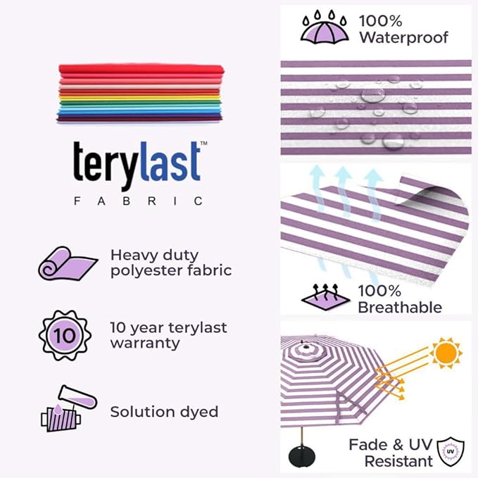Midtown Umbrellas The Wooden 9 Feet Patio Umbrella With Terylast Midtown Stripes (Purple/White Stripes) Polyester Fabric - Aluminum Frame Market Umbrella For Backyard, Deck, Garden, Pool - Wooden Pole