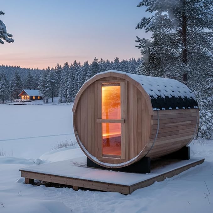 Outdoor Barrel Steam Sauna, 4-6 Person Wood Sauna Room with 6kw Toule Electric Heater with Sauna Stone, Canadian Red Cedar Wooden Sauna, Sauna Accessories and Asphalt Shingle Roof (Red Cedar)