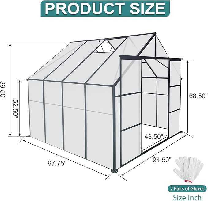 Favfurish 8X8 FT Greenhouses for Outdoors,Polycarbonate Greenhouse, Aluminum Heavy Duty Walk-in Green Houses, Adjustable Roof, Raised Base and Double Sliding Door for Outside Backyard, Black