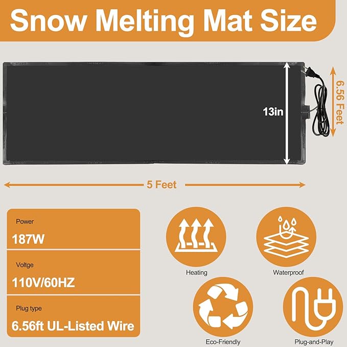 Heated Snow Melting Mats, 5ft x 13in Roof Heat Tape,Heater Ice Dam Prevention Heated Outdoor Mats Electric Snow Melting Mats for Winter Snow Removal (5 ft x 13 in)