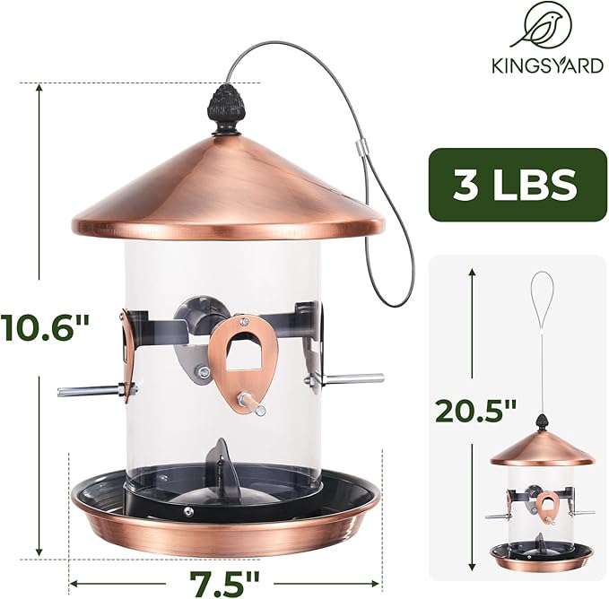 Kingsyard Metal Hopper Bird Feeder for Outdoors Hanging with 8 Ports, 3 lbs Large Capacity Tube Bird Feeder with Seed Tray, Easy to Fill and Clean, Copper