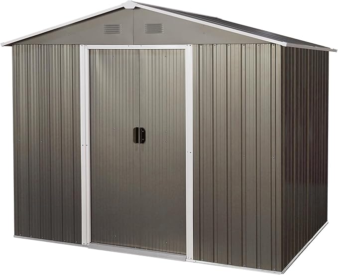 8 x 6 FT Outdoor Storage Shed, Metal Garden Shed with Floor Frame, Large Tool Shed Outdoor Storage with Lockable Sliding Doors & Air Vents, Storage House Waterproof for Backyard, Lawn, Gray
