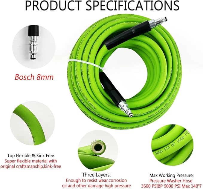 5800PSI/400Bar Ultra Flexible Pressure Washer Hose for Bosch Home Cleaning, 5M-30M High Pressure Extension Tube with Quick-Connect Adapter,(Red/Blue/Yellow/Green/Grey/Orange/Light Blue)(Green,64FT)