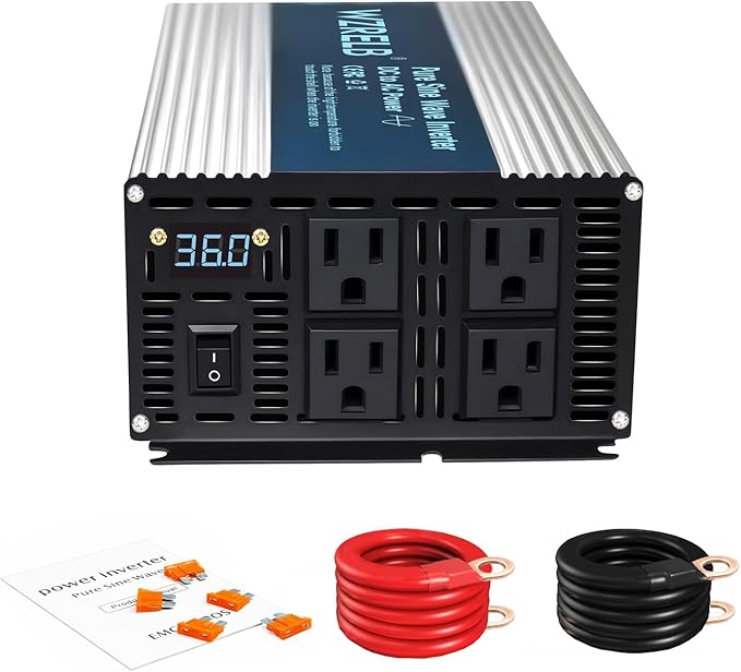 WZRELB 1800W Pure Sine Wave Inverter 36V DC to 110V 120V AC Power Converter with LED Display, Off-Grid Portable Power Inverter with 4 AC Outlets for Home, RV, Truck, Camping